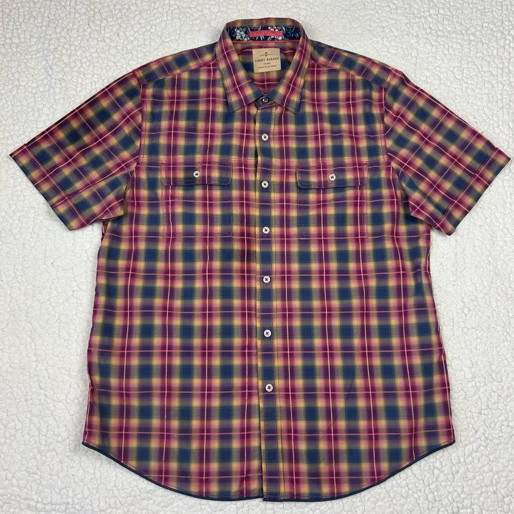 TOMMY BAHAMA Western Button Up Shirt Men’s L Purple Blue Plaid Short Sleeve